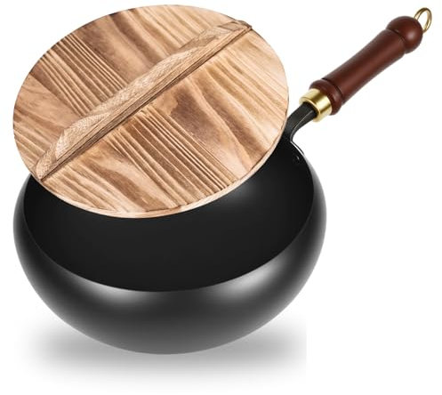 Grande padella in ferro forgiato a mano, da 24 cm, non rivestita, con coperchio in legno, per fornelli a gas e induzione