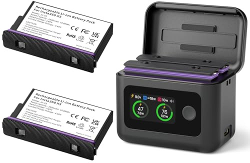 Insta 360 X5 Batteries(2 Packs) with Fast Charge Hub 27W Dual Fast Charging Case w/LCD Display, Intelligent Two Way Charger Hub for Insta360 X5,Shows Battery SOC (Battery*2 and Charger*1)