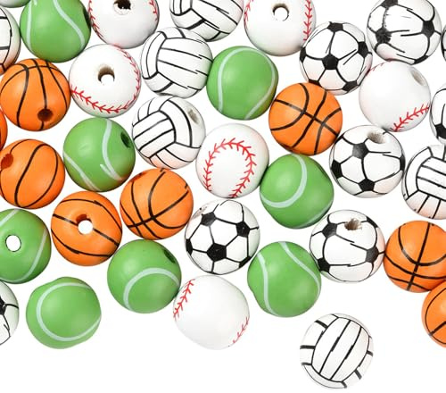 LEGENTLISUR 100Pcs Sports Ball Wooden Beads for Jewelry Making Baseball Volleyball Football Basketball Painted Wooden Beads for DIY Craft Bracelets Necklaces Beadable Pens and Keychains