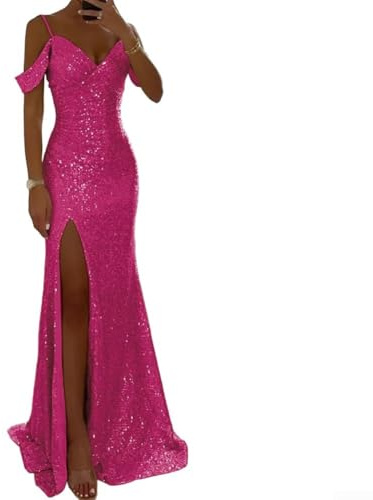 Robe longue à paillettes dos nu pour femme, robe de soirée longue à encolure en V sans manches pour fête, mariage (M rose)