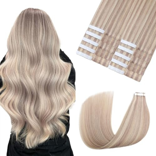 Sindra Tape Extensions Echthaar Balayage 45cm #18P613 | Ashblond Highlight Gebleichtes Blond, 20Pcs 50g, Tape Extensions Echthaar, Invisible Haarteile, Klebe Haarverlangerung,18Zoll