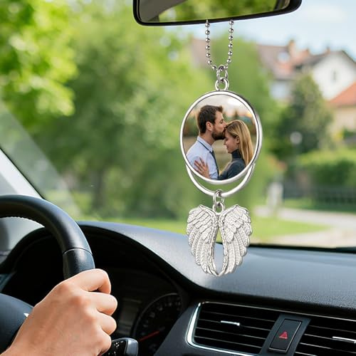 Personalisierter Schutzengel Autospiegel Anhänger mit Foto, Glücksbringer Auto Rückspiegel Anhänger Autoanhänger Personalisierte Geschenke für Autofahrer Frauen Männer