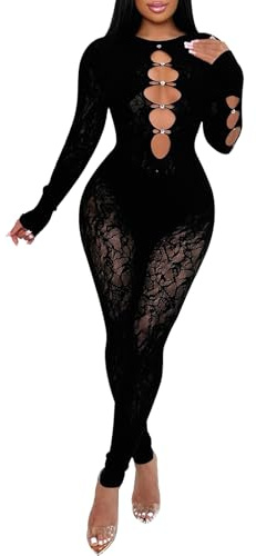WEICHUJIAN Women’s Sexy Lace Mesh Jumpsuit Rhinestone Hollow Long Sleeve One Piece Bodysuit Club Party Outfits (Black, Small/Medium)