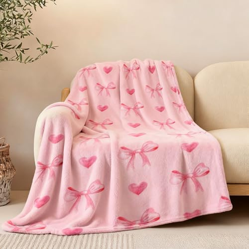 ZJKUBOIS Rosa Schleife Flauschig Kuscheldecke, Decke Aesthetic mit Schleifen und Herzen, Kuscheldecke 130x150, Weihnachtsdecke Rosa, Cozy Blanket Geschenke für Frauen, Beste Schwester & Freundin