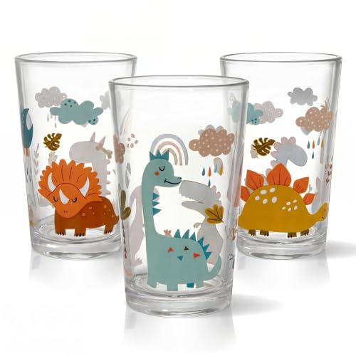 HOMELYN Kindergläser 3er Set mit Dino Motiven 200 ml für Kinder ab 3 Jahren | Spülmaschinengeeignete Kindergläser – Kinder Gläser Set aus Glas – Trinkglas Kinder Geschenkidee