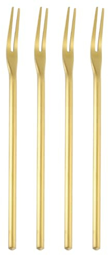 QUARKZMAN 4 stycken kryddgurkgaffel 15 cm olivgaffel med långt handtag rostfritt stål cocktailgafflar 2-pinnar för dessert cocktail frukt och grönsaker gyllene