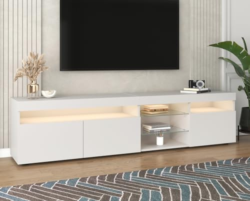 BTM Meuble TV Blanc Moderne, Panneau Clair, Éclairage LED Variable, Meuble Tele Banc TV Salon Et Salle À Manger 180 cm