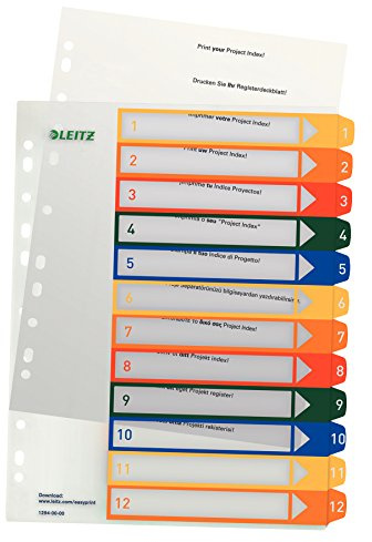 Leitz Register für A4, PC-beschriftbares Deckblatt und 12 Trennblätter, Taben mit Zahlenaufdruck 1-12, Überbreite, Weiß/Mehrfarbig, Polypropylen, 12940000