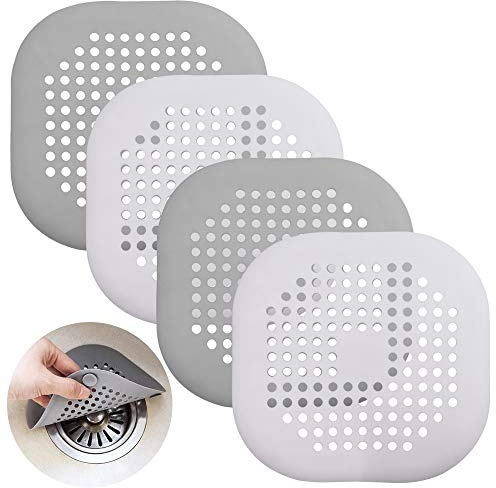 Senhai Abflussschutz aus Silikon mit Saugnapf, Abflusssieb für Dusche, Badewanne, Abflussabdeckung für Küche, Badezimmer, Weiß, Grau, 4 Stück