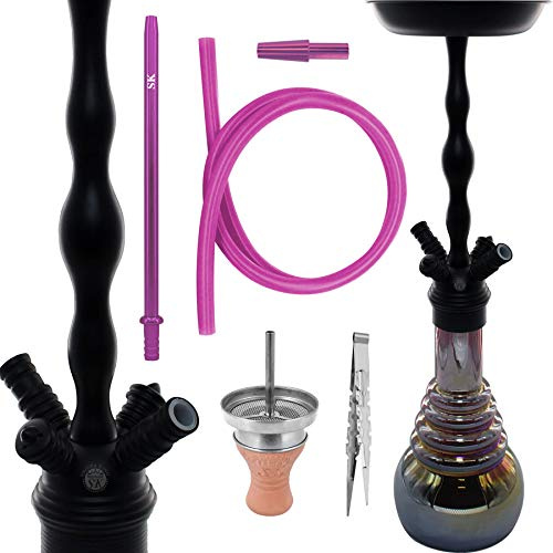 Shisha King | SKS 610 Shisha 78cm, Set mit Schlauch, Tonkopf, Mundstück, Kopfaufsatz & Kohlezange | Black/Purple Shining