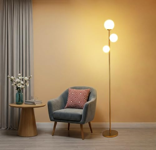Fiqevs 3 Globe Floor Lamp Mid Century Modern, Gold Standing Lamp with Frosted Glass Shade & LED Bulbs, Tall Pole Light with Foot Switch for Living Room Bedroom Office - Antique Brass