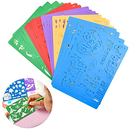 Set di 20 Stencil da Disegno Fai da Te in Plastica per Bambini - Oltre 300 Modelli per Scavare, Lavabili e Riutilizzabili