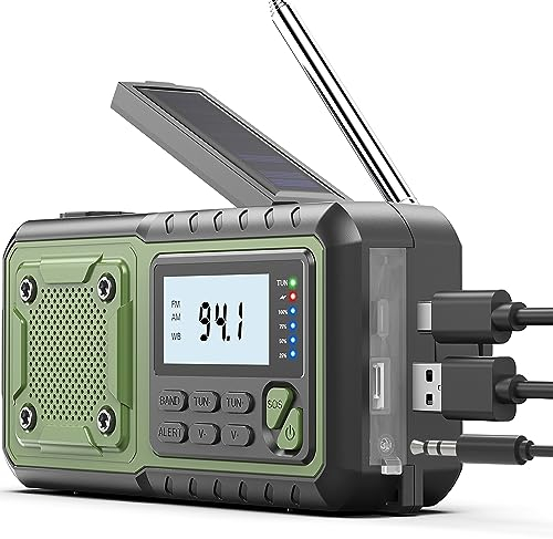 Radio de emergencia con manivela, radios meteorológicas de 5000 mAh, radios solares con manivela de emergencia, radio de alerta meteorológica NOAA/AM/FM, alarma SOS, linterna y lámpara de lectura