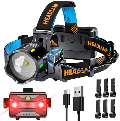 XILUO 210000 Lux 12 Modes Head Torch Energy Saving Adjustable Focus and Motion Sensor, 95H Standby 125°Angle and Warning Headlamp, IP65 Waterproof for Outdoor Fishing Camping Hiking