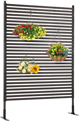 Metal Outdoor Privacy Screen with Stand, 3.6 ft W x 6 ft H PE-Coating Steel Pipes and Slats Panels, Decoative Privacy Screen Fence Panels Freestanding for Outside Patio Garden Backyard, Brown
