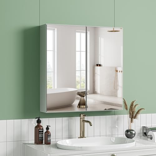 Dripex Badezimmerschrank mit Spiegel, 2 türiger Badspiegelschrank, Spiegelschrank Bad mit verstellbarem Einlegeboden, Weiß 60 x 60 x 12 cm