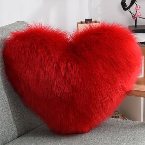 Sofakissen, flauschig, weiches Kunstfell, Herzkissen, Lendenwirbel-, Rücken-, Plüsch-Teddy-Kissen, luxuriös, für Zuhause, Wohnzimmer, Schlafzimmer, dekorativ, gemütlich, Plüschkissen (rot)