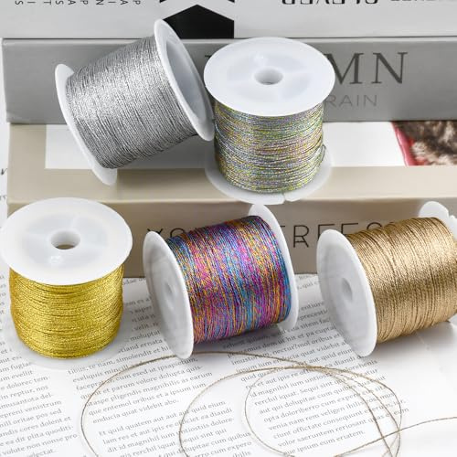 KNGNGK 5 Rotoli di 250 m Filo di Seta Dorato e Argentato, Filato Gioiello per Bigiotteria Uncinetto 0,4 mm*50 m/Rotolo per Confezioni Regalo, Decorazioni Pendenti Fai-da-Te (5 Colori)