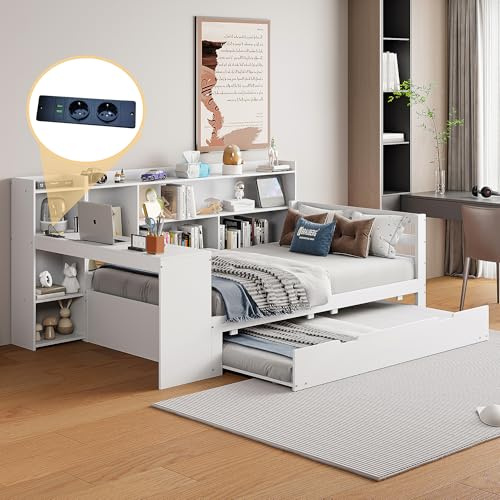 okwish Kinderbett 90x200 cm, Jugendbett mit Ausziehbett, Weiß | Steckdose, Schreibtisch, Bücherregal, Stauraumfach, Regal, Stauraum, Versand in 3 Paketen