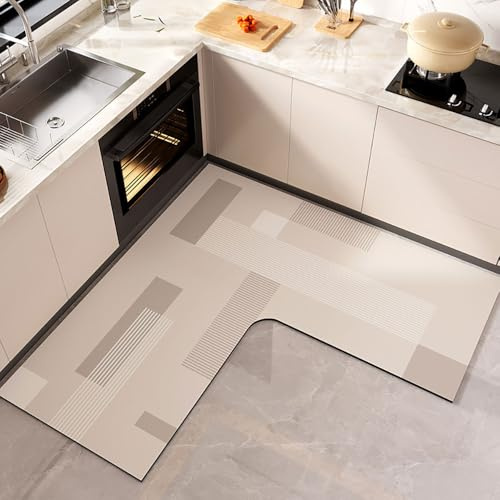Hixingo Küche Teppich rutschfest, L Form Abwaschbar Kieselgur Küchenläufer, Moderner-Stil Schnelltrocknend Küchenteppich Absorbierend Teppich Läufer Küchenmatte (Beige Farbe 4,120x120cm)
