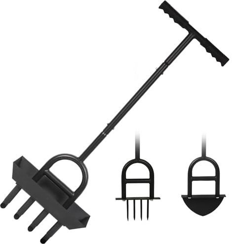 Aeratore da giardino con vassoio per il suolo, aeratore manuale 3 in 1 con strumento a punta e strumento per bordi a mezza luna, aerazione per la cura del prato
