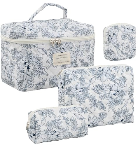 Juego de 4 Neceser Mujer con Estampado de Flores, Neceser Algodón Viaje, Makeup Bag Travel Small, Bolsa de Maquillaje Portátil Multifuncional Necesers, para Mujeres Niña Cosméticos Artículos Tocador
