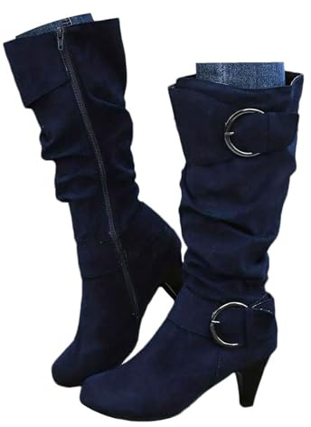 Xbemkste Stivali lunghi da donna in pelle scamosciata, con fibbia per cintura arricciata, con tacco, stivali occidentali, stivali alti al ginocchio, stivali invernali eleganti, Blu, 38.5 EU