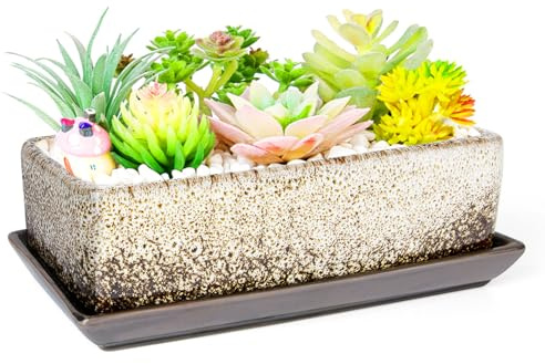 ARTKETTY Succulent Pots - Long Rectangle Succulent Planters with Drainage Tray, Window Sill Planter, Ceramic Pots for Indoor Cactus Plants Shallow Bonsai Window Box for Home Garden Decor