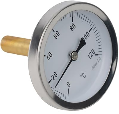 MoSundi Thermomètre bimétallique de 63 mm avec boîtier en acier inoxydable et manchon en laiton, plage de 0 à 120 °C pour chaudière, chauffage, barbecue, fumoir, poêle d'extérieur
