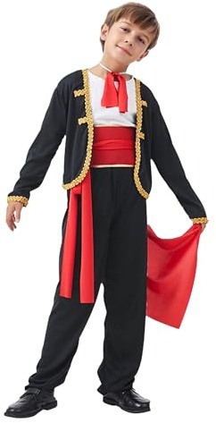 Mufeng Flamenco dansare pojke, barn, traditionell spansk set för fest, halloween, karneval, 4–8 år, svart, röd, 4–5 år