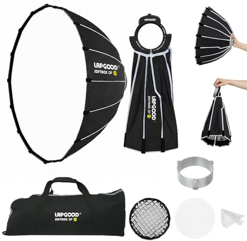 Lapgood Softbox Bowens Mount DF120, Softbox rotondo da 120 cm, con chiusura rapida, apertura profonda, griglia a nido d'ape, custodia per il trasporto, softbox per flash da studio, luce video
