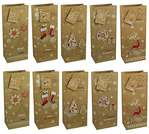 HRB Geschenktüten Weihnachten, 10 Flachentüten gross mit 3D Applikationen, stabile Weihnachtstüten der Marke HRB, Abmaße der weihnachtlichen Geschenkverpackung (Flaschentüte, 36x13x9 cm)