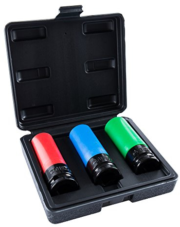 STIER Kraft Steckschlüssel Satz, Antrieb 1/2 Zoll, SW 17/19/21 mm, Nüsse, Schonnüsse, lange Ausführung, 3-teilig, in praktischem Behälter, für Radmontage