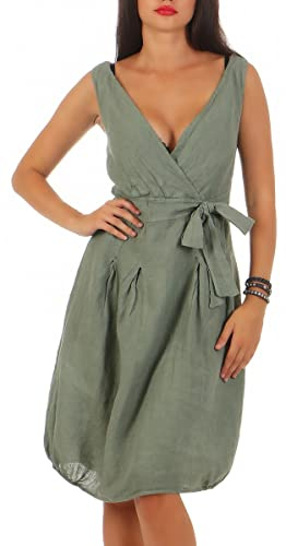 Malito Abito di Lino Leggero Abito Estivi 8147 Donna (L, Oliva)