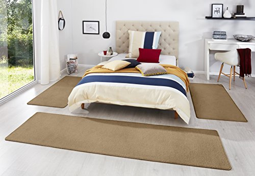 Hanse Home Teppich Bettumrandung Fancy 3-teilig – Bettvorleger Velours Teppichläufer Kurzflor Einfarbig Läufer-Set für Kinderzimmer Schlafzimmer, Braun 2X 67x140 cm 1x 67x250cm