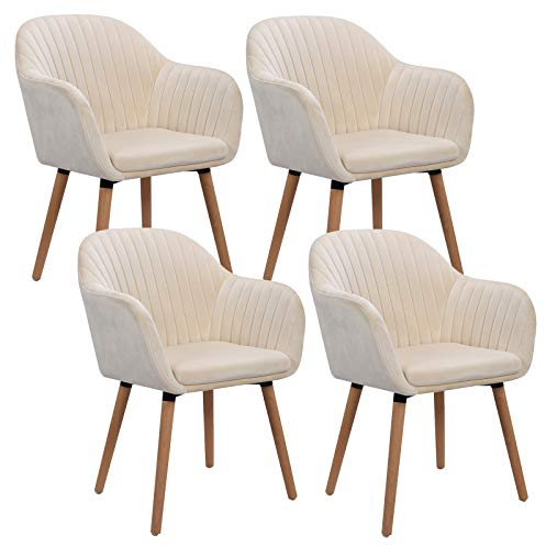 WOLTU Esszimmerstühle 4er Set Küchenstuhl Wohnzimmerstuhl Polsterstuhl Design Stuhl mit Armlehne Samt Massivholz Cremeweiß BH95cm-4