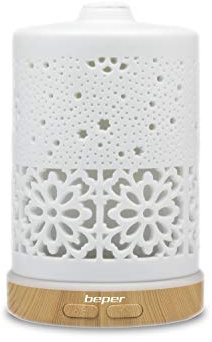BEPER 70.404 Diffusor aus Keramik, Ultraschall-Zerstäuber, LED-Licht in 7 Farben, Taste für Dampfaustritt und Farbauswahl, elegantes Design, USB-Betrieb, Weiß, wenig