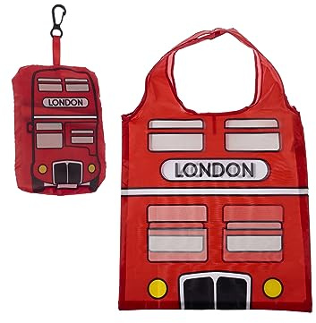 Puckator Foldable Reusable Shopping Bag - London Icons Red Routemaster Bus Design - Folding Shopping Bags - Foldable Tote Bag - Foldaway Shopping Bags - Fold Up Bag in Pouch - Family Beach Bag