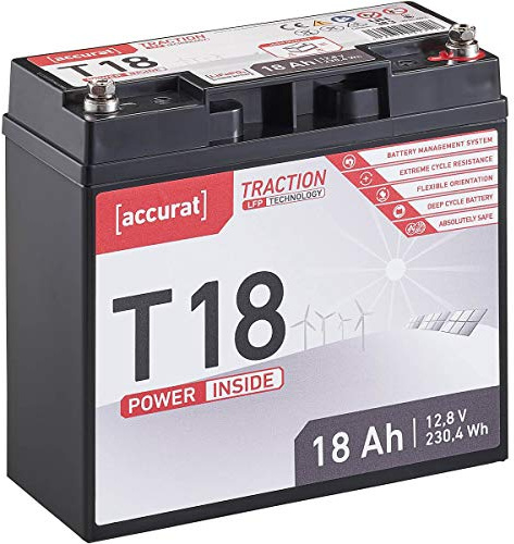 Accurat Traction LiFePO4 Batterie T18-12V, 18Ah - Lithium-Eisenphosphat Versorgungsbatterie, Bootsbatterie, Solarbatterie für Wohnwagen, Wohnmobil, Camper