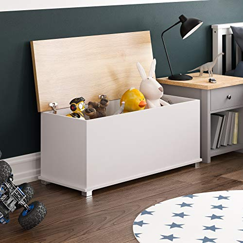 Vida Designs Arlington Toy Box, Wood in White, 100x40x48cm - Storage Ottoman with Lift-Up Lid, Ideal for Toys, Bedding & Footstool Use
