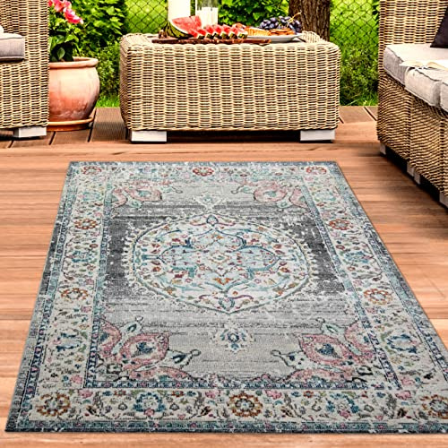 CARPETIA Outdoor Teppich Ornamente Grau Blau Pflegeleicht 240x340 cm | Pflegeleicht, strapazierfähig und farbecht, OEKO-TEX geprüft, für Fußbodenheizung, Balkon, Terrasse, Flur & Wohnräume