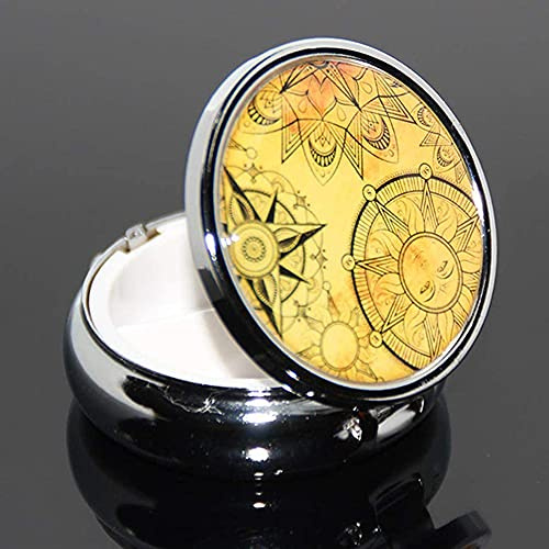 1 x tragbare, runde Metall-Pillendose, Mini-Medikamententabletten-Organizer, Behälter für Tasche, Geldbörse, Handtasche, Reisegeschenk – kompakte 3 Fächer, gelbes Retro-Sonnenmuster