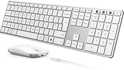 seenda SKM64-3 Rechargeable Wireless Bluetooth Keyboard Mouse, Multi-Device Ultra Slim Wireless Mouse and Keyboard Set for Windows, Mac OS, Laptop, Tablet, iPad, QWERTY UK Layout, White and Silver