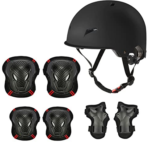 Skaterhjälm, skateboard, skyddsset, barnhjälm, CE-certifiering, skydd, skyddsutrustning, skydd, knäskydd, armbågsskydd, set med hjälm för inlines, cykel, rullskor, ungdomshjälmar (L, svart)