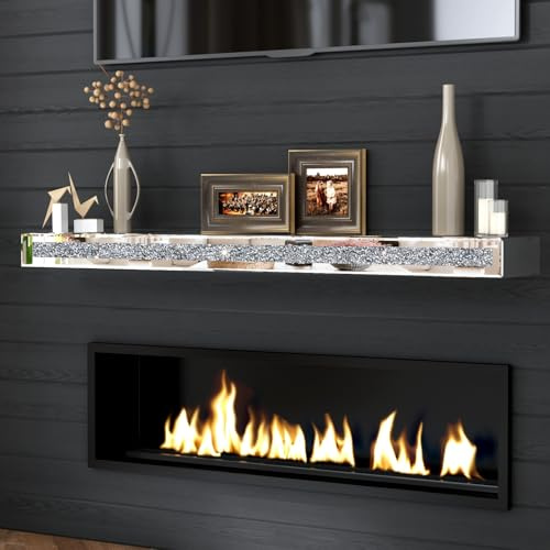 blingworld Fireplace Mantel Mirrored, 48 Glass Floating Mantel Shelf for Over Fireplace & Under TV, Gorgeous Crystal Crushed Diamond Wall Shelves for Living Room, Bedroom, Kitchen, Silver