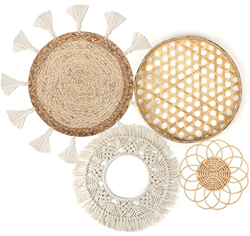 Set of 4 Boho Wall Basket Decor Wall Hanging Rattan Macrame Decor Flat Round Wicker Woven Macrame Tassels Tapestry Bamboo Wall Basket Handmade Serving Tray Art for Room Bedroom Living Room