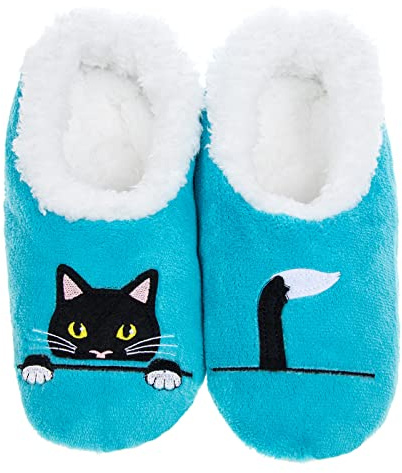 Snoozies! Pairables Womens Super Soft Sherpa Fleece, Non Slip Sole, Ladies Slippers - Peak a Boo Cat Design - Sizes 3-7 (Blue)