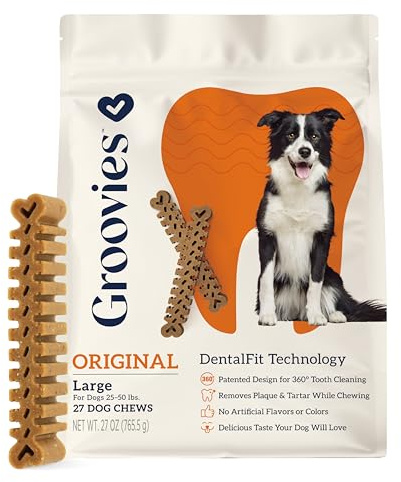 Groovies Original Large Flexible Dog Dental Chews Oral Care 25-50 lbs, 27Ct