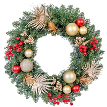 PEKJI An der Tür hängender Weihnachtskranz aus Rattan, Kreis aus Kunststoff, künstliche, beleuchtete Girlande mit Kugeln, Winter-Weihnachtsszenendekorationen