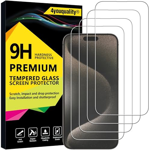 4youquality [4-Pack Screen Protector for iPhone 15 Pro Max (6.7-Inch), Tempered Glass Film, [LifetimeSupport][Impact-Protection][Anti-Shatter][Anti-Scratch]